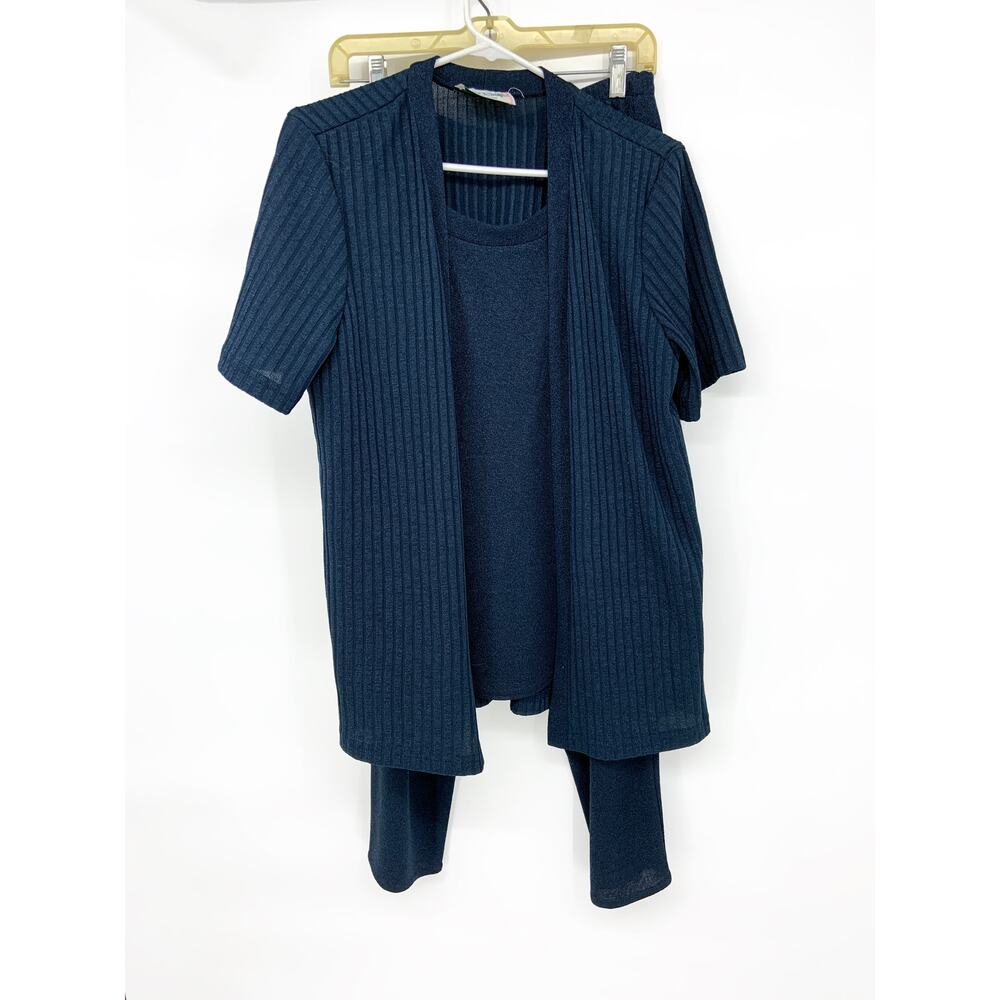 Vtg Olivia Rose Rib Knit Top Pants Outfit Set Navy Blue Short Sleeve Casual Sz L
